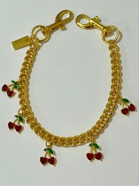 Gold-Tone Cherry Bag Charm Key Holder Chain - Red/Green Accents